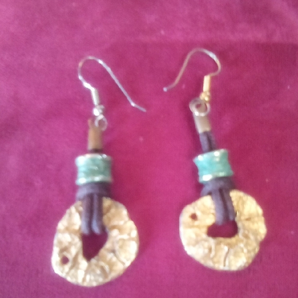 Artisan Gold and Green Textured Earrings - Picture 1 of 4